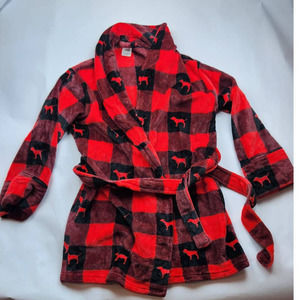 Victoria's Secret PINK Buffalo Plaid Short Robe XS/S Red Black Soft Plush Belted